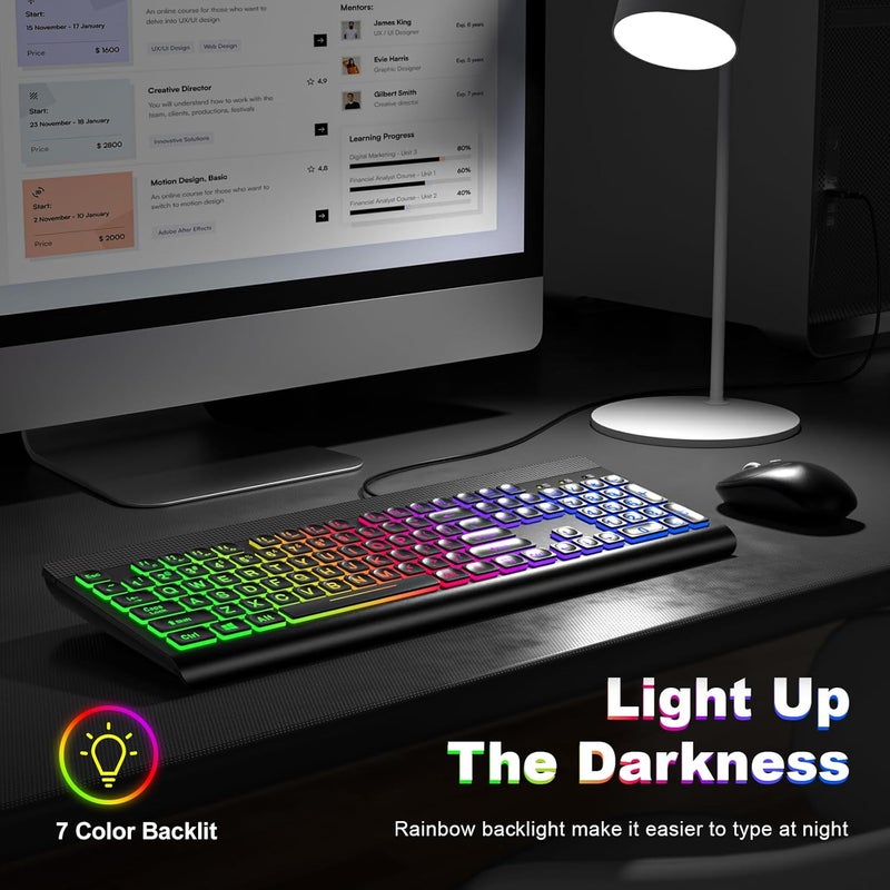 Atelus Large Print Backlit Keyboard, USB Wired Computer Keyboard, Full Size Keyboard with Rainbow Illuminated LED Compatible for Windows Desktop, Laptop, PC, Gaming, Black - Image 3